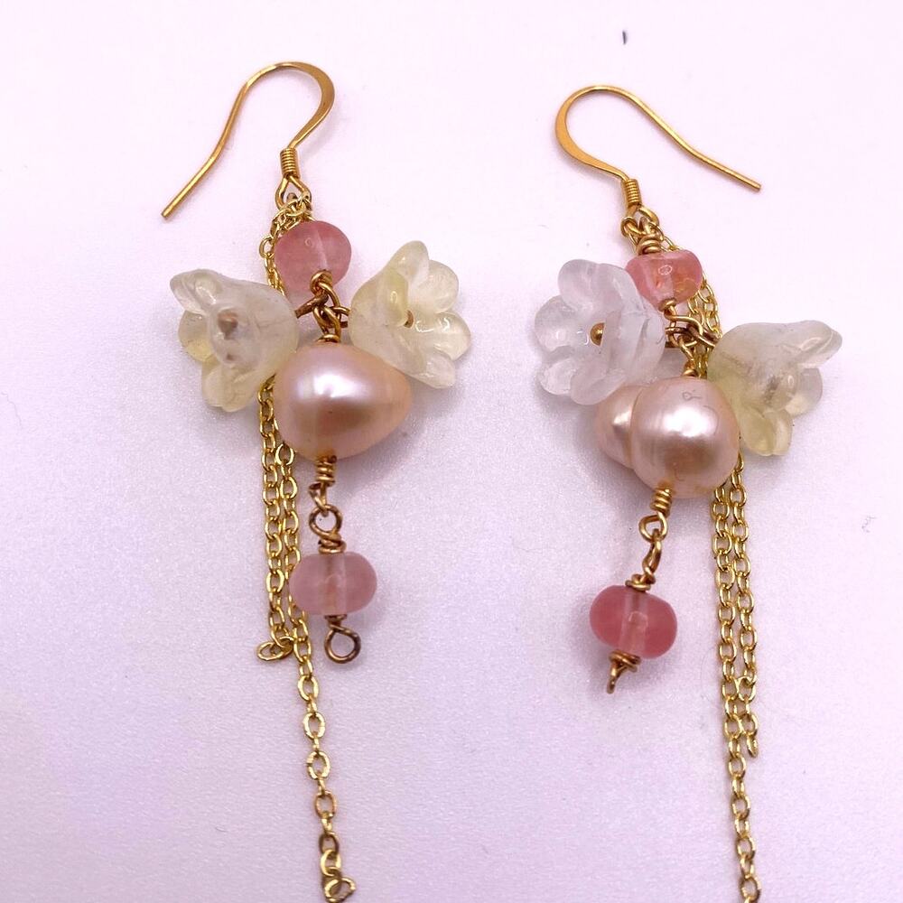 Handmade Flower Drop Earrings Stainless Steel Quartz Beads and Acrylic Flowers